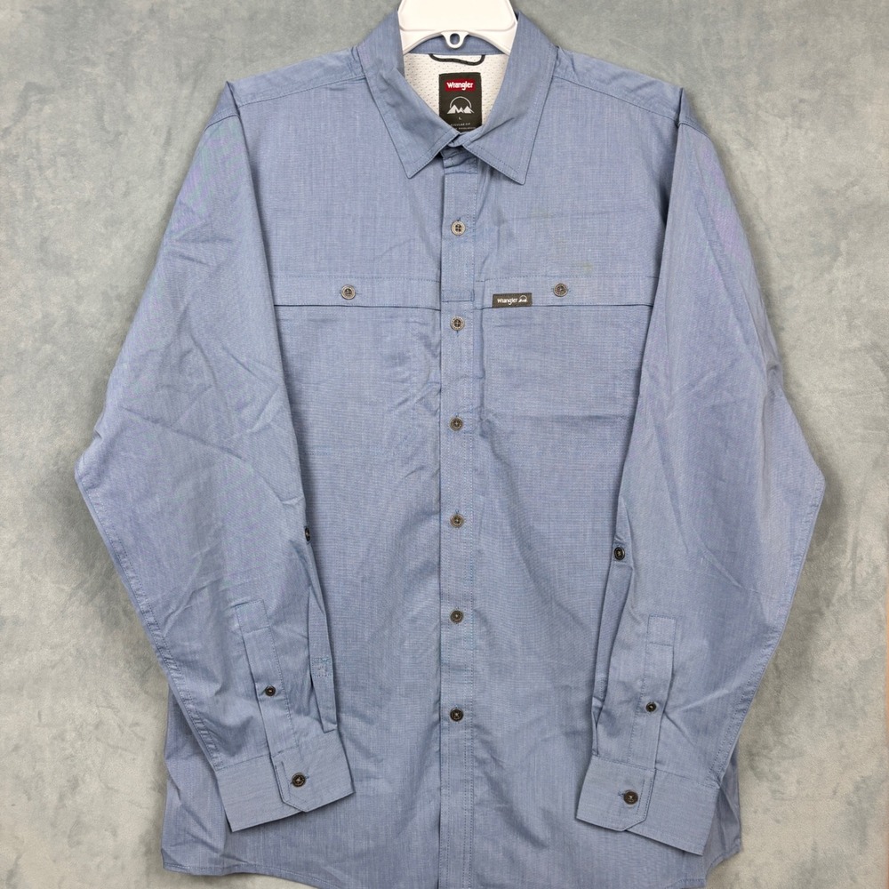 Wrangler Outdoor Series Mens Large Blue Long Sleeve Button Down Fishing Shirt